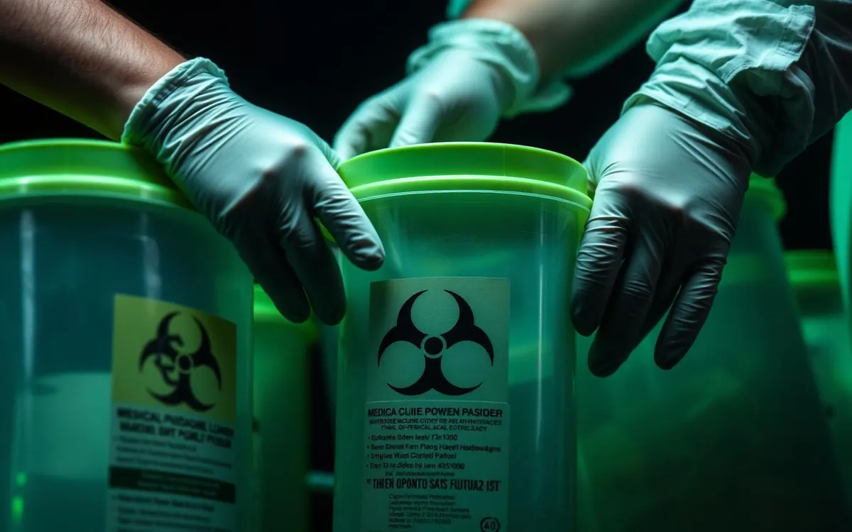 Manuseio profissional de recipientes biológicos com equipamentos de proteção
