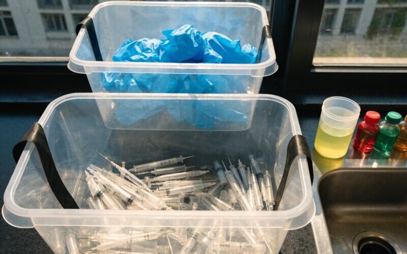 Descarte de resíduos da saúde em clínica de beleza e estética com coletores adequados