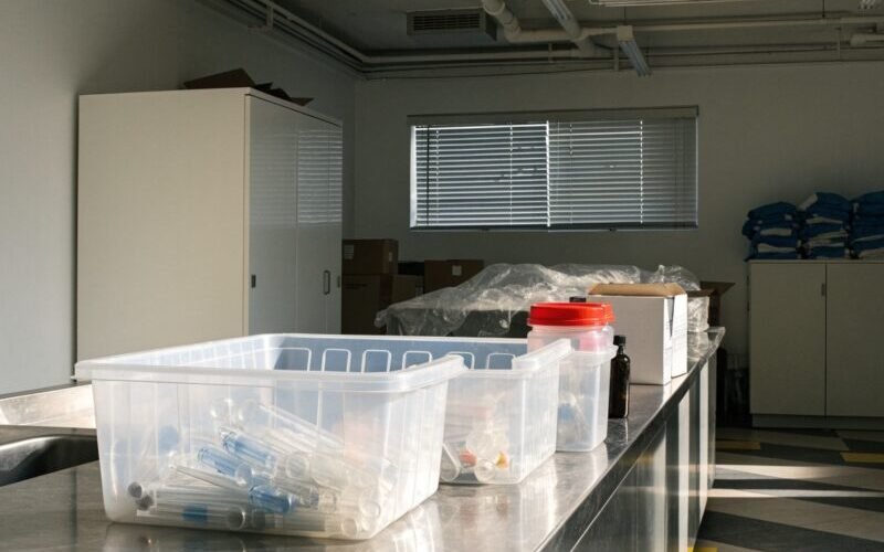 Profissional realizando descarte de resíduos da saúde em laboratório com segurança