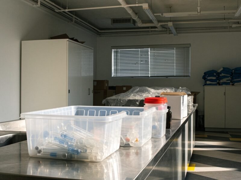 Profissional realizando descarte de resíduos da saúde em laboratório com segurança