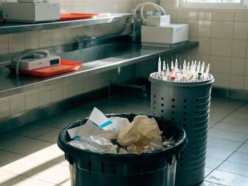 Imagem de descarte de resíduos da saúde em laboratório farmacêutico