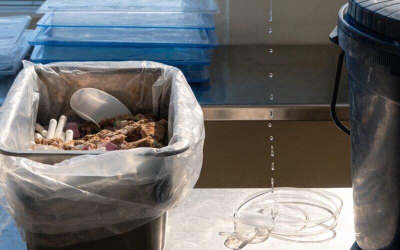 Profissional descartando resíduos da saúde em clínica veterinária com caixa de perfurocortantes